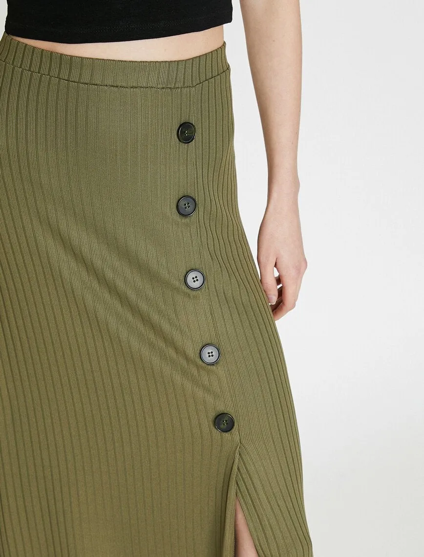 11853 Khaki Button Detailed Midi Skirt