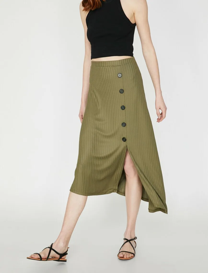 11853 Khaki Button Detailed Midi Skirt