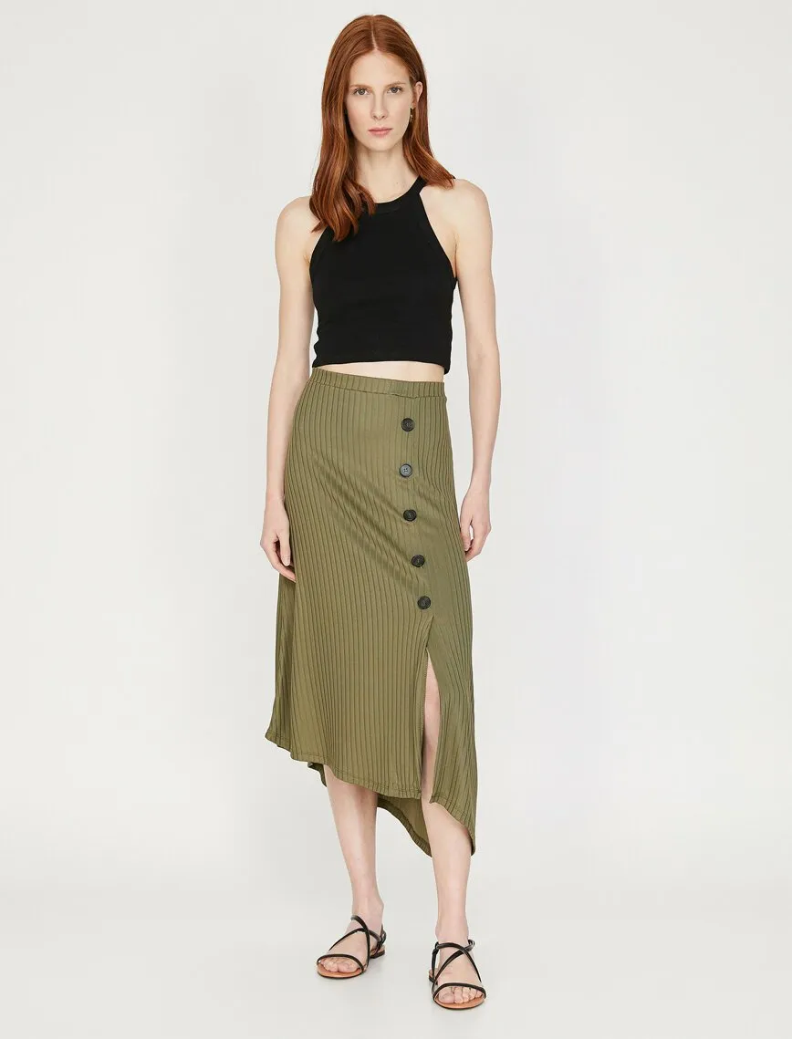 11853 Khaki Button Detailed Midi Skirt