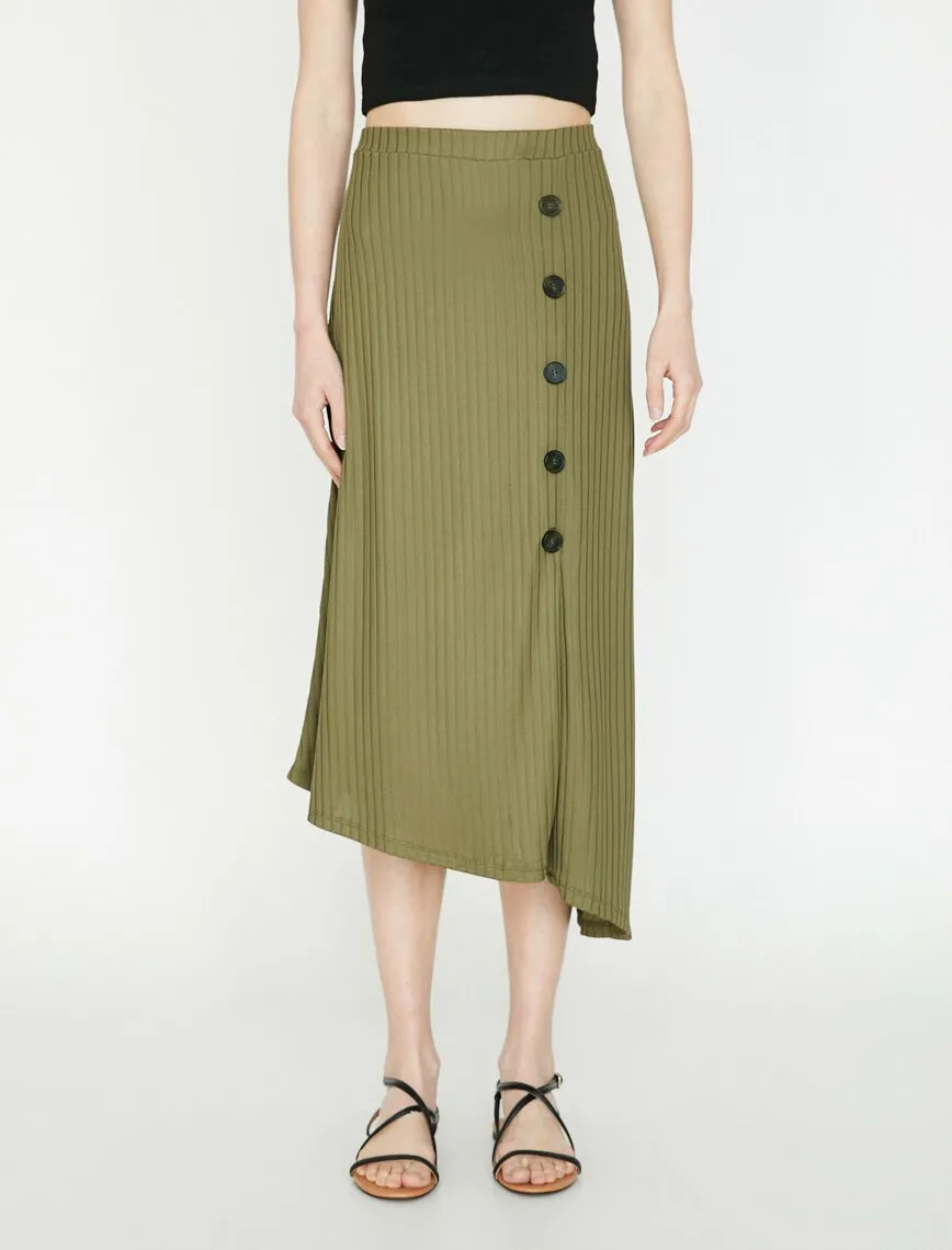 11853 Khaki Button Detailed Midi Skirt