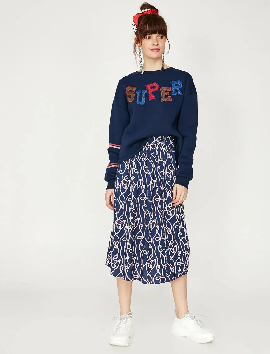 12010 Navy Patterned Midi Skirt