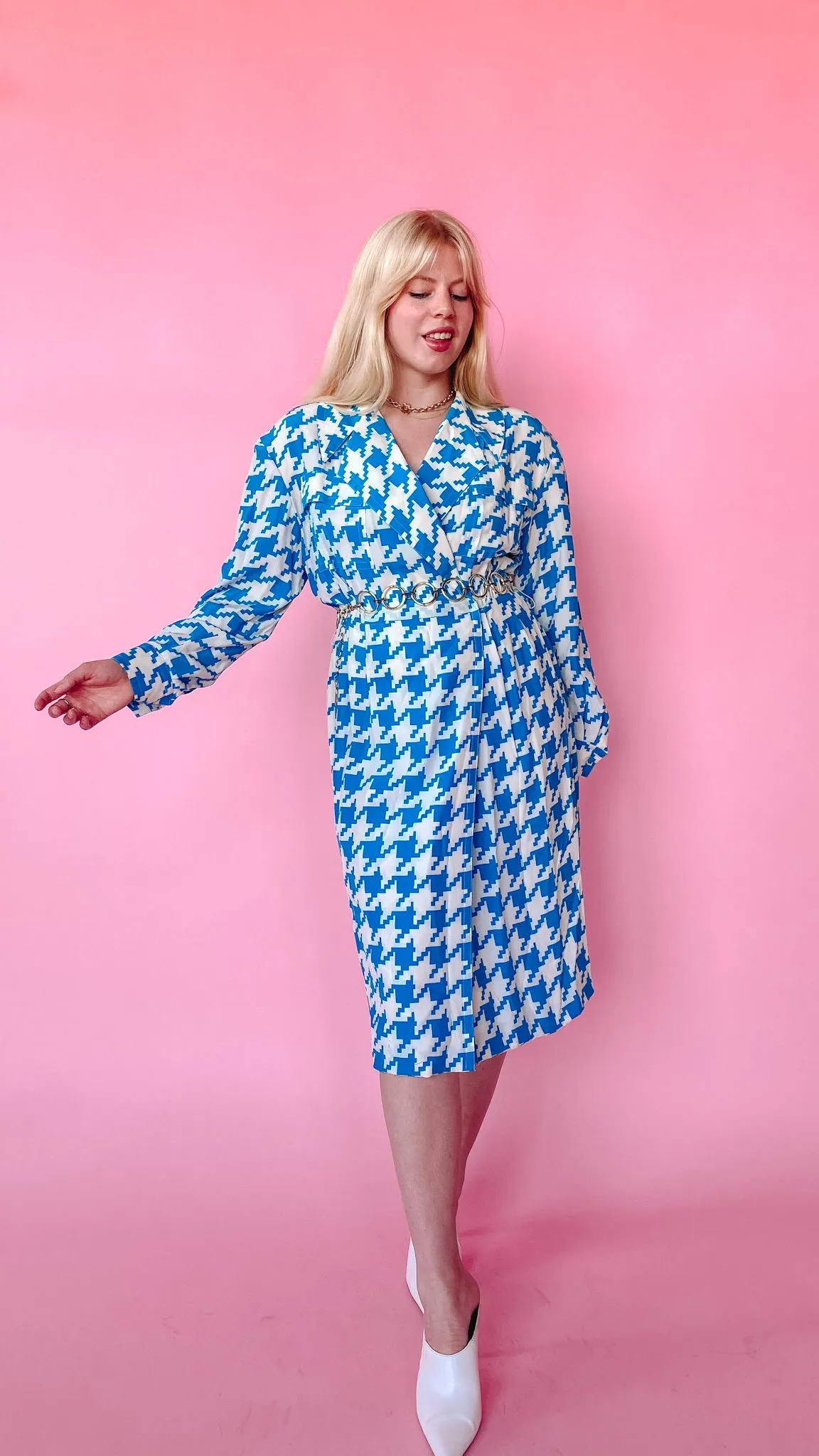 1980s Blue and White Houndstooth Silk Dress, sz. L