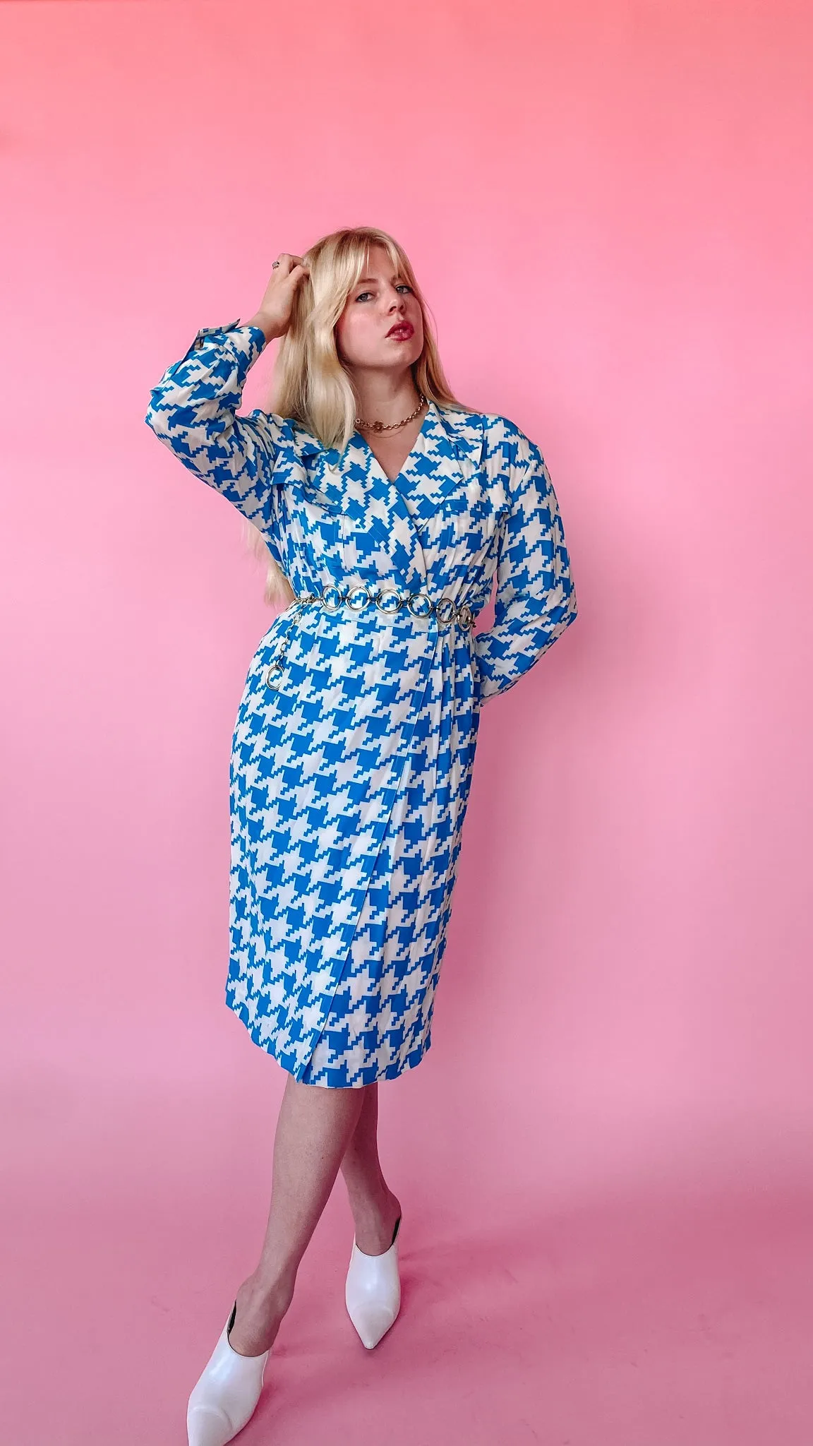 1980s Blue and White Houndstooth Silk Dress, sz. L