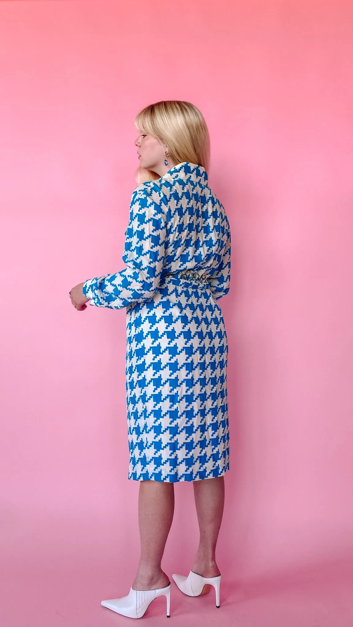 1980s Blue and White Houndstooth Silk Dress, sz. L