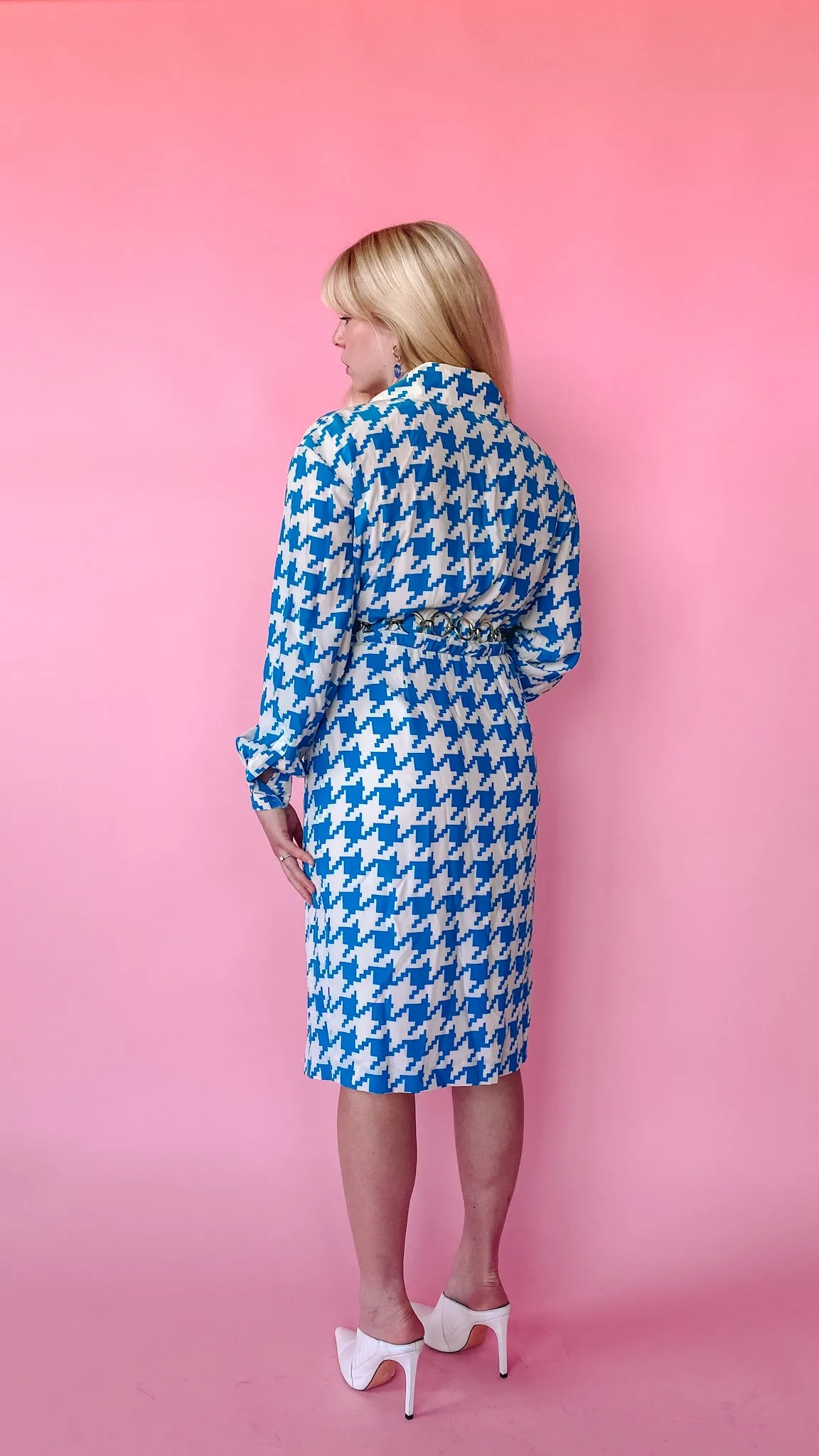 1980s Blue and White Houndstooth Silk Dress, sz. L