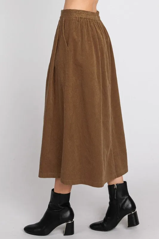 80384 Corduroy Skirt with Pleated Detail in Camel