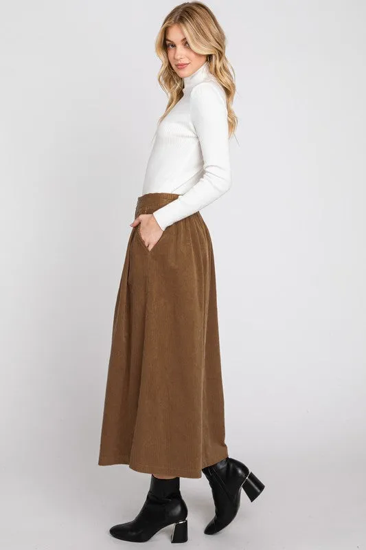 80384 Corduroy Skirt with Pleated Detail in Camel