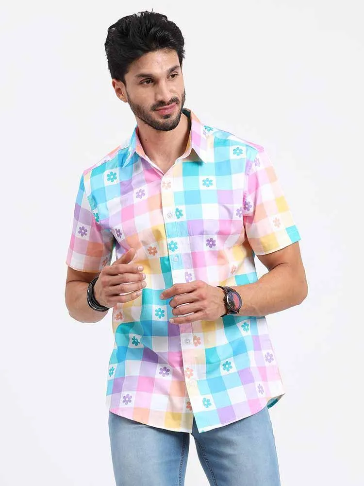 Abstract Rainbow Checks Cotton Half Sleeve Shirt