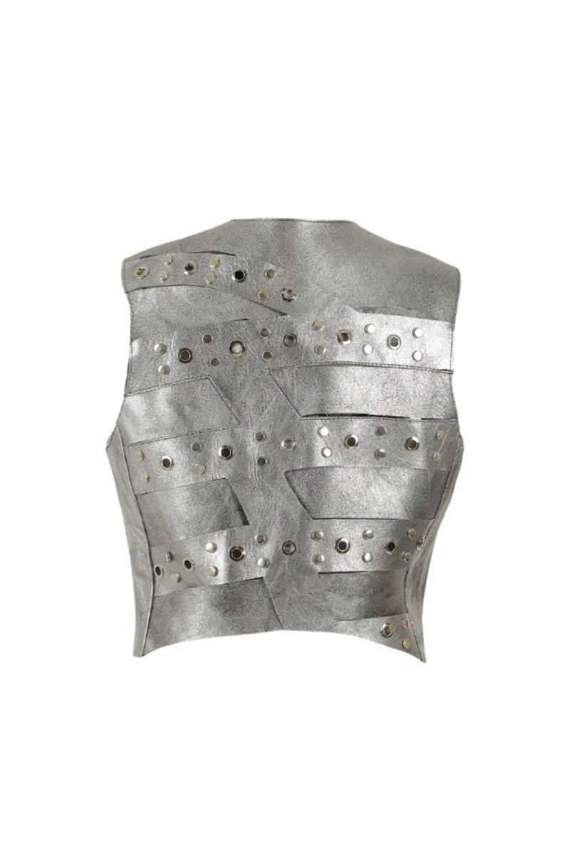 AIDEN STUDDED LEATHER VEST WASHED SILVER