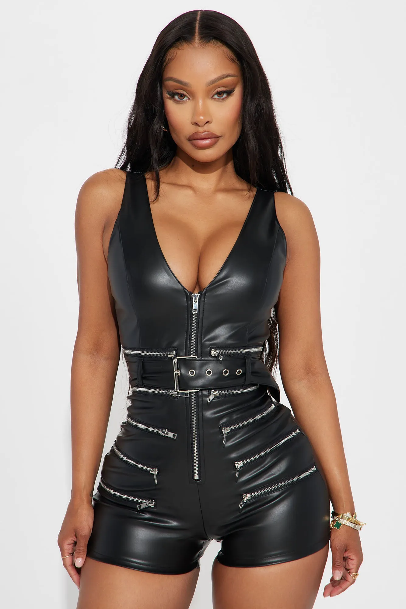 Alix Faux Leather Romper - Black