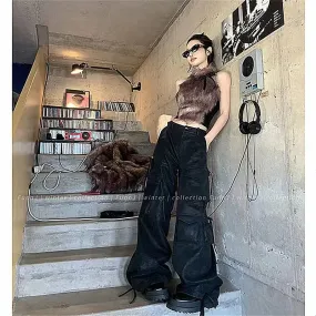 Amozae-Winter Black Loose Wide Leg Pants High Waisted Straight Leg Leather Pants Y2k Women Casual Cargo Pants Hip-hop Sweatpants Women