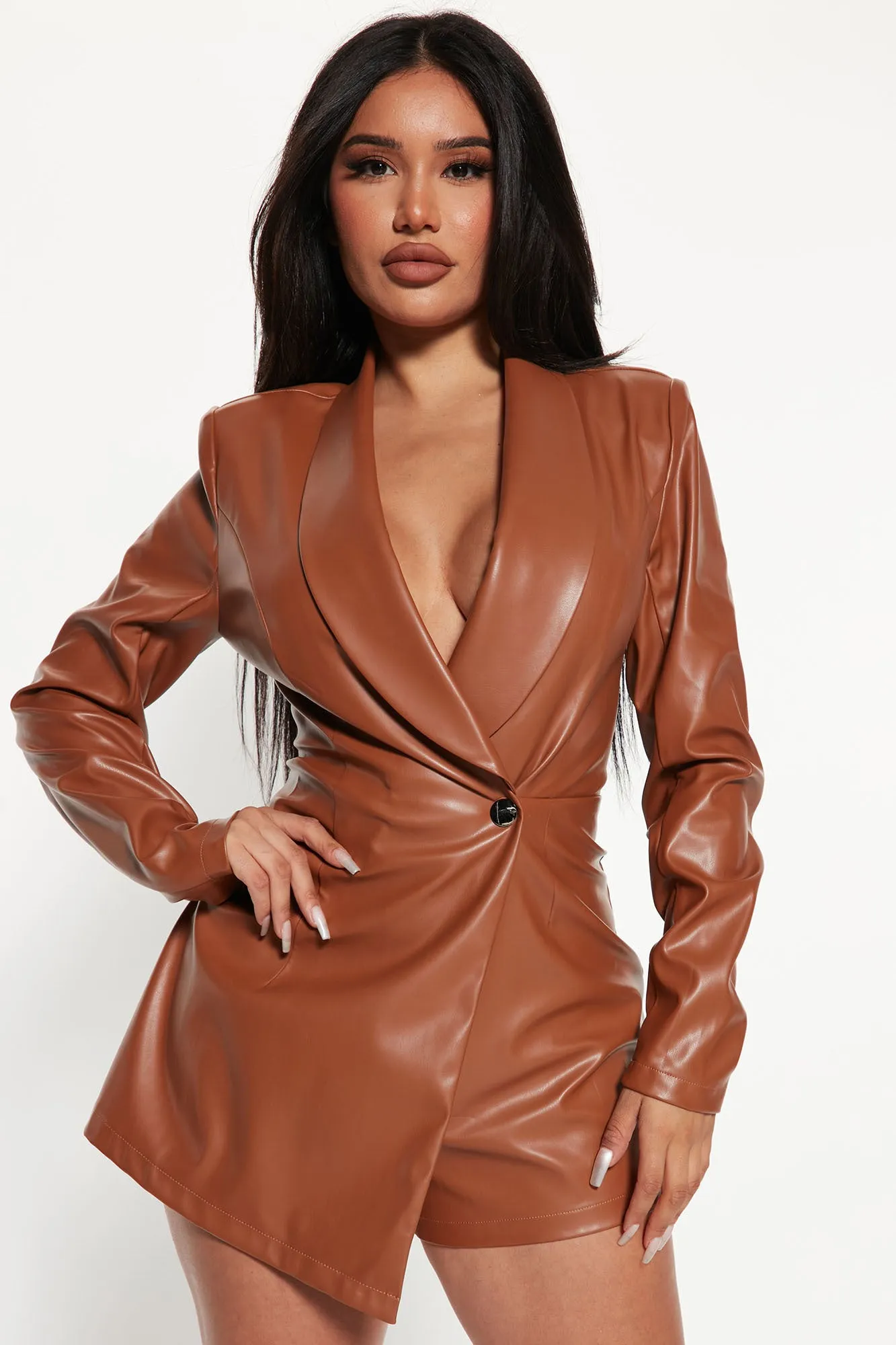 Anabella Faux Leather Romper - Brown