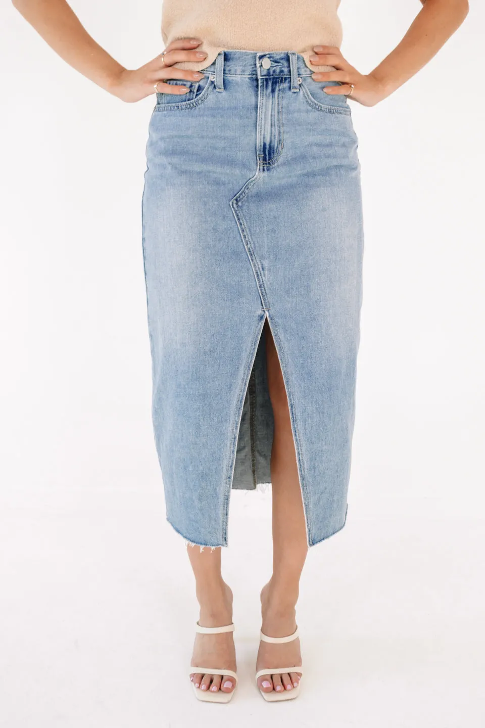 Back On Track Denim Midi Skirt - Light Denim