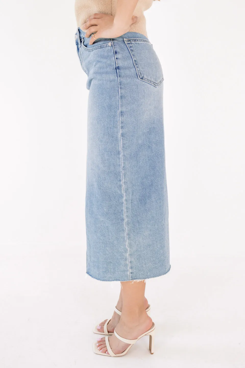 Back On Track Denim Midi Skirt - Light Denim