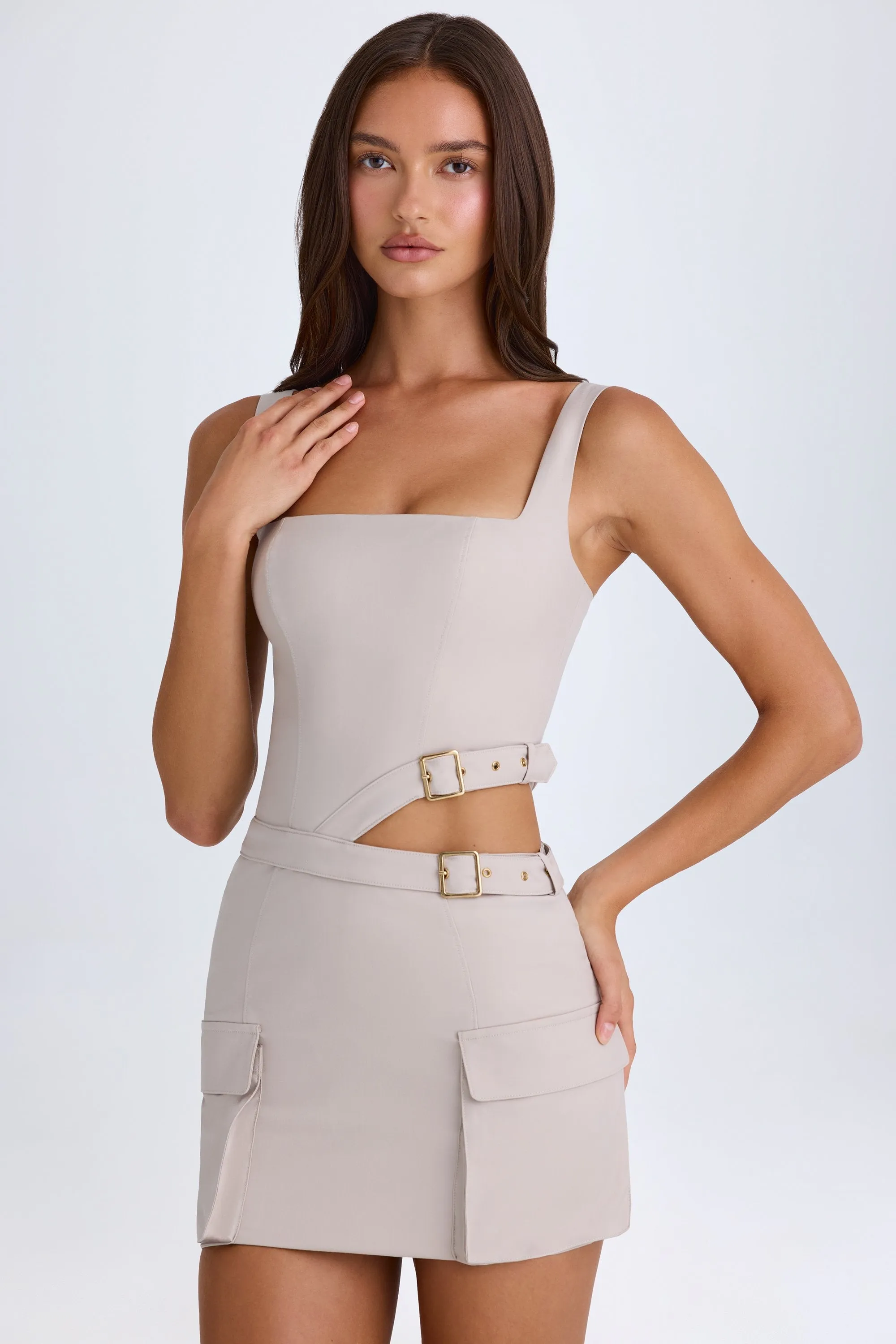 Belted Cut-Out Mini Dress in Taupe