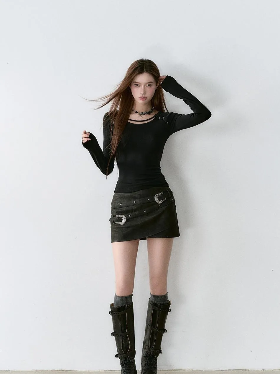 Black Belted Leather Mini Skirt