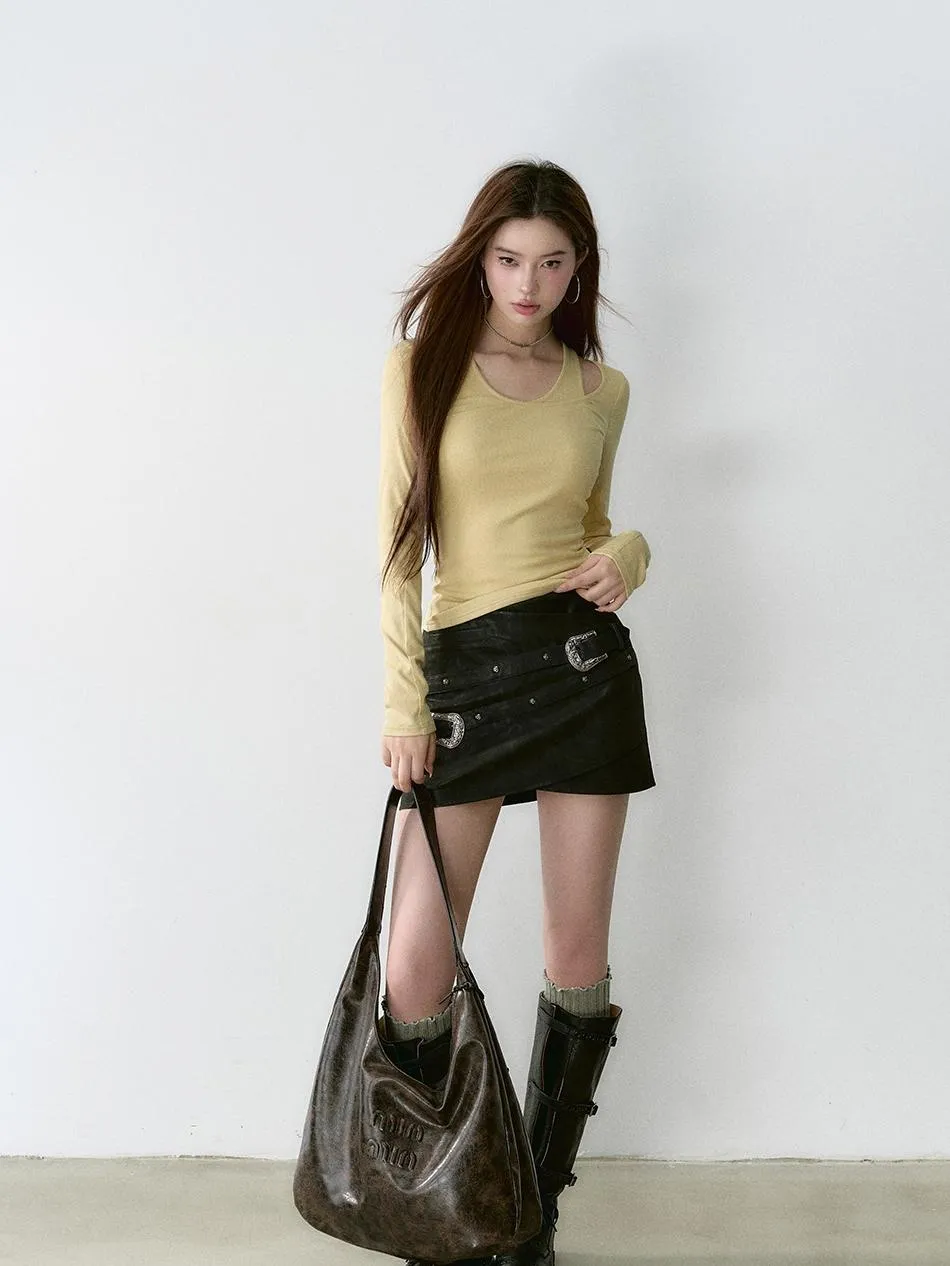 Black Belted Leather Mini Skirt