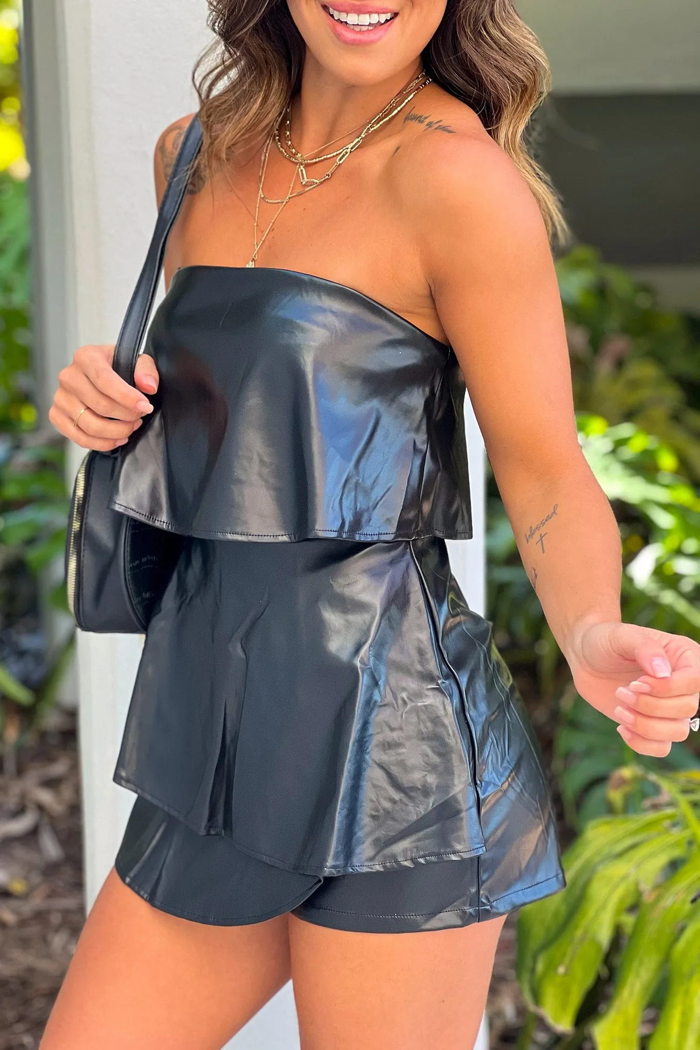 Black Faux Leather Off Shoulder Tiered Romper