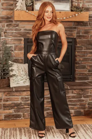 Black Faux Leather Strapless Cargo Jumpsuit