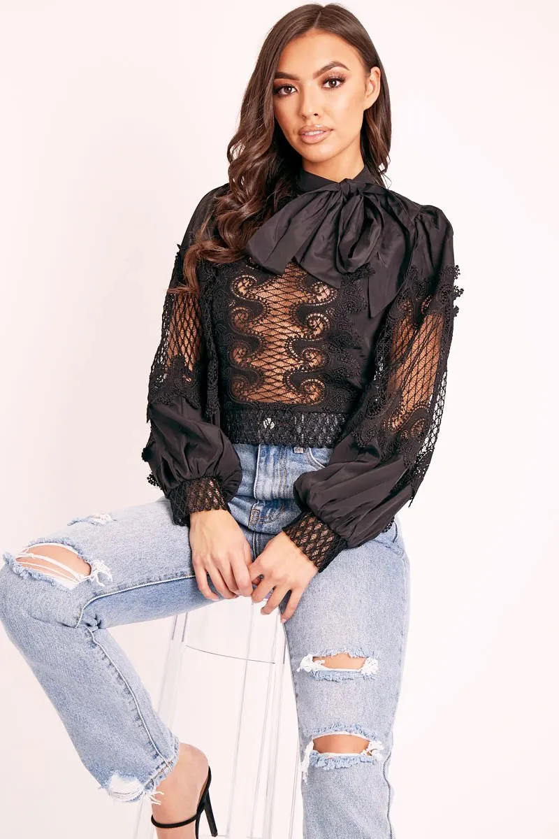 Black Lace Panel Neck Tie Blouse - Ophia