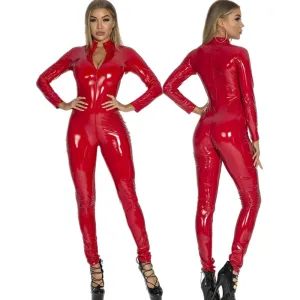 Black Red Wetlook Faux Leather Long Sleeve Pvc Catsuit Front Zipper Open Crotch Stretch Clubwear Overalls Jumpsuit