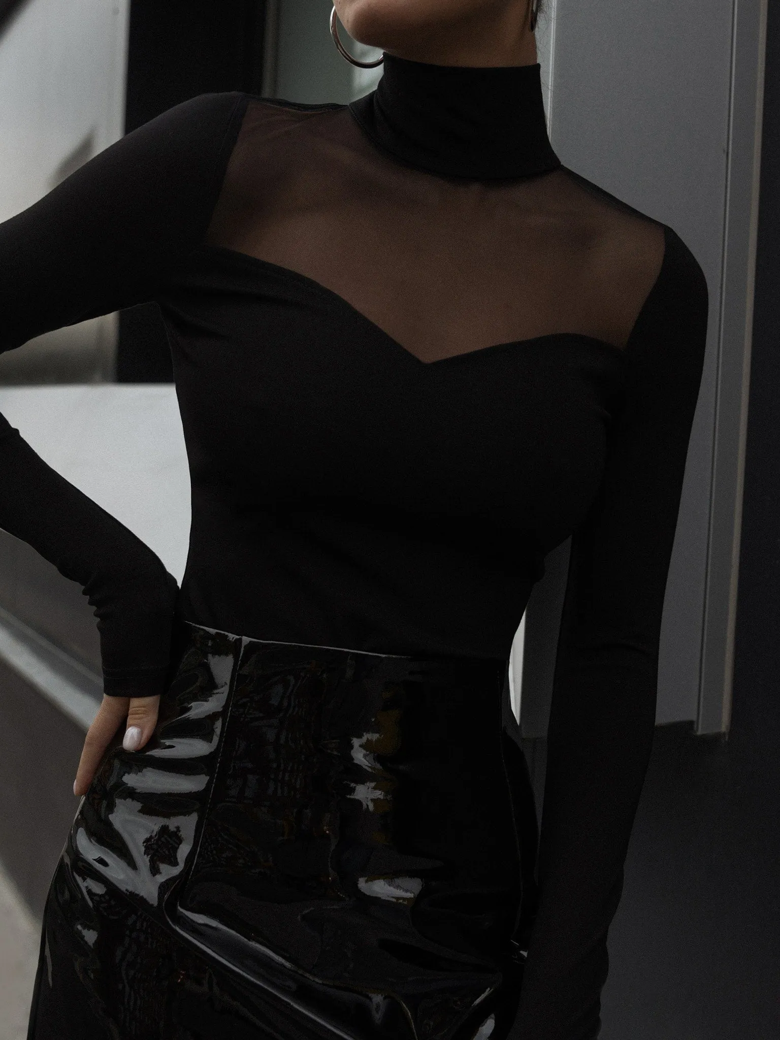 Black Sheer Detail Polo Neck Top