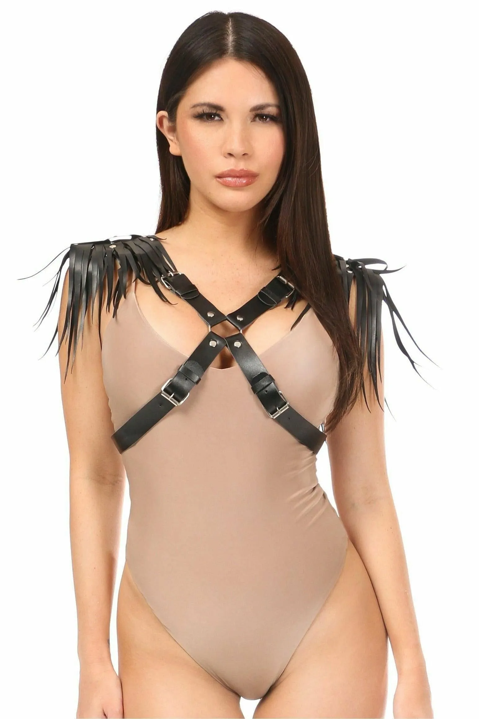 Black Vegan Leather Body Harness w/Shoulder Fringe