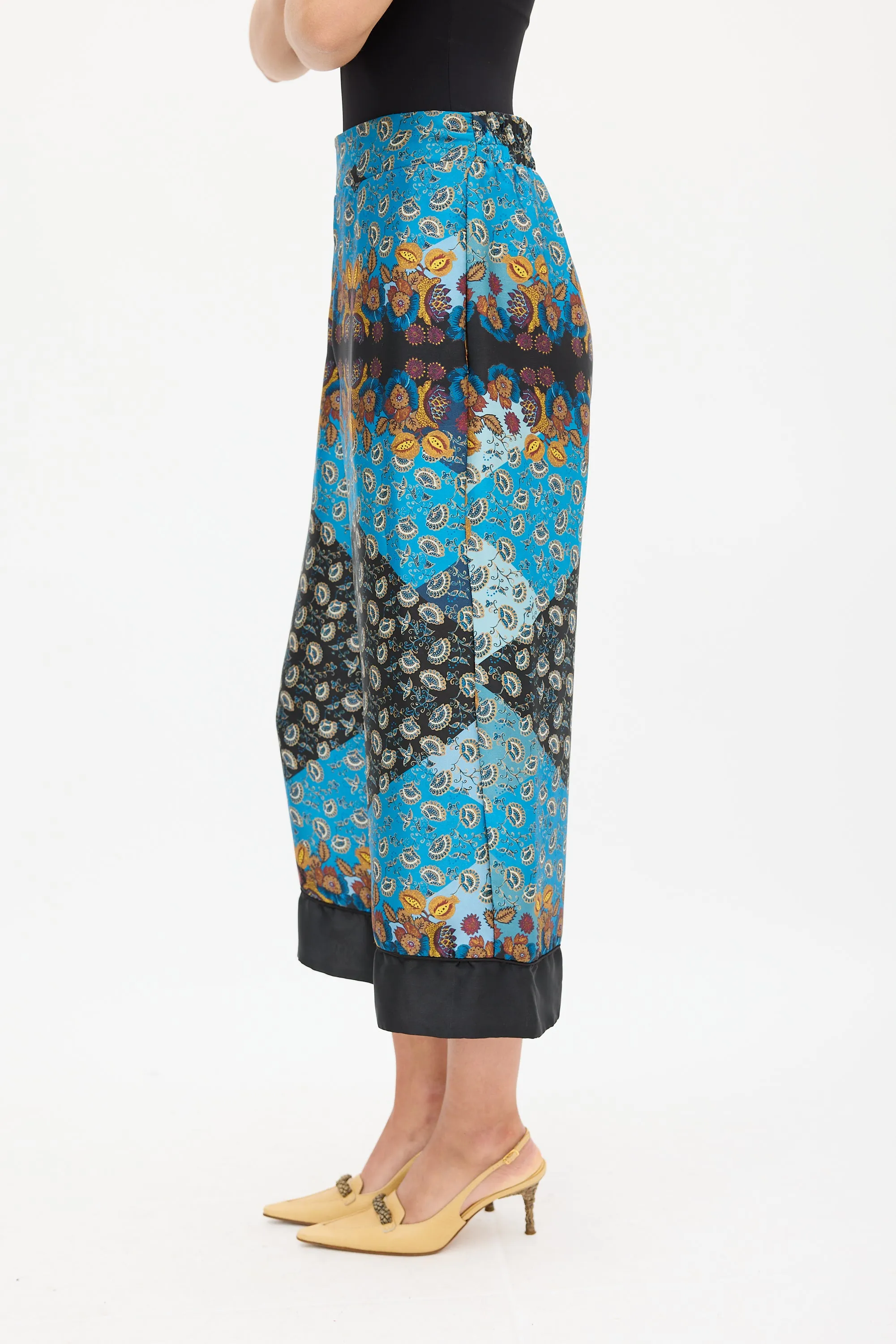 Blue & Multicolour Ornate Wide Cropped Trouser