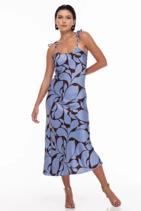 Bow Coco Blue Floral Print Bias Strappy Midi Dress