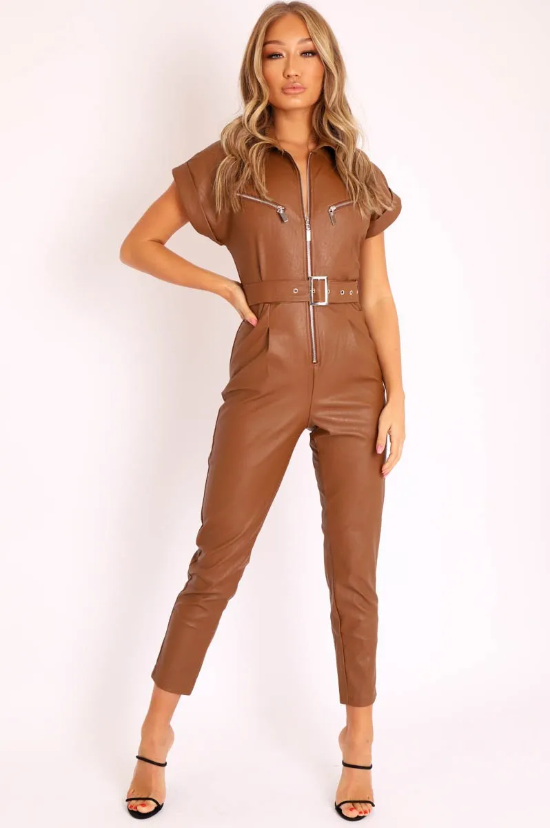 Brown Faux Leather Belted Short Sleeve Jumpsuit - Ryenne