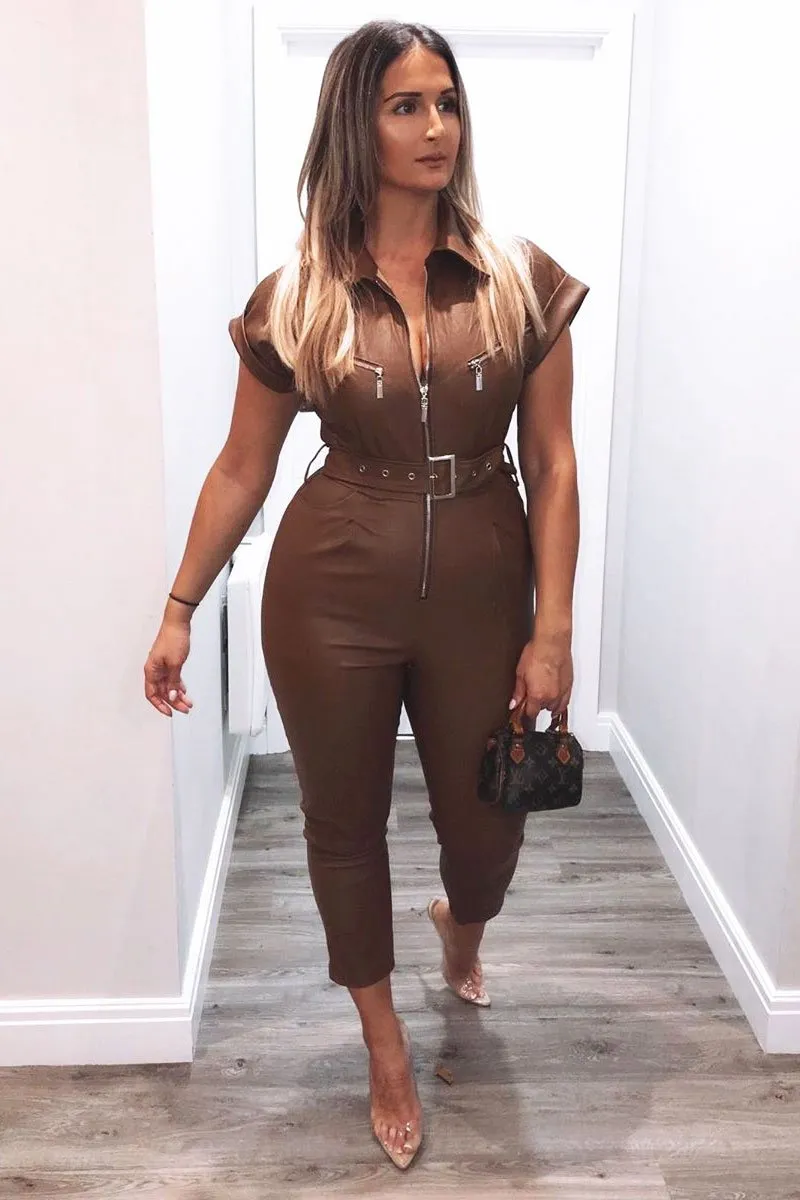 Brown Faux Leather Belted Short Sleeve Jumpsuit - Ryenne