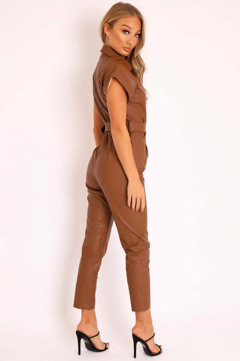 Brown Faux Leather Belted Short Sleeve Jumpsuit - Ryenne