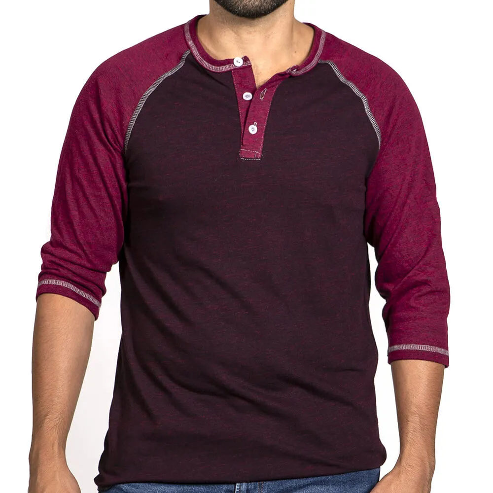 Burgundy & Cranberry Contrast 3/4 Raglan Sleeve Henley - Made In USA