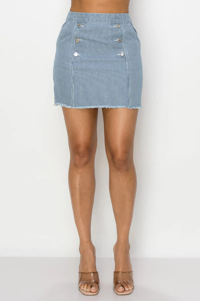 Button Frayed Denim Mini Skirt - Ships from The USA