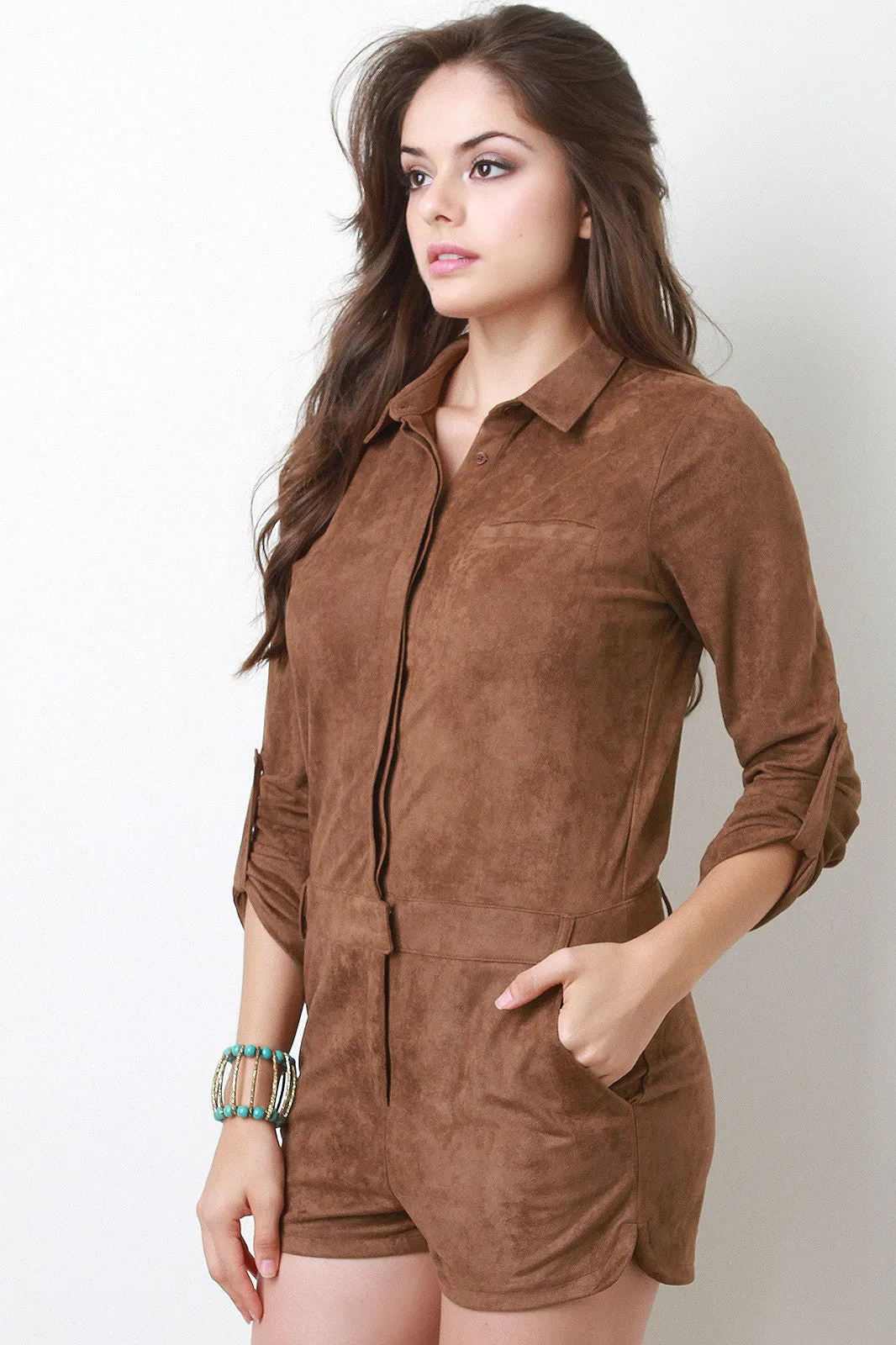 Button Up Faux Suede Romper