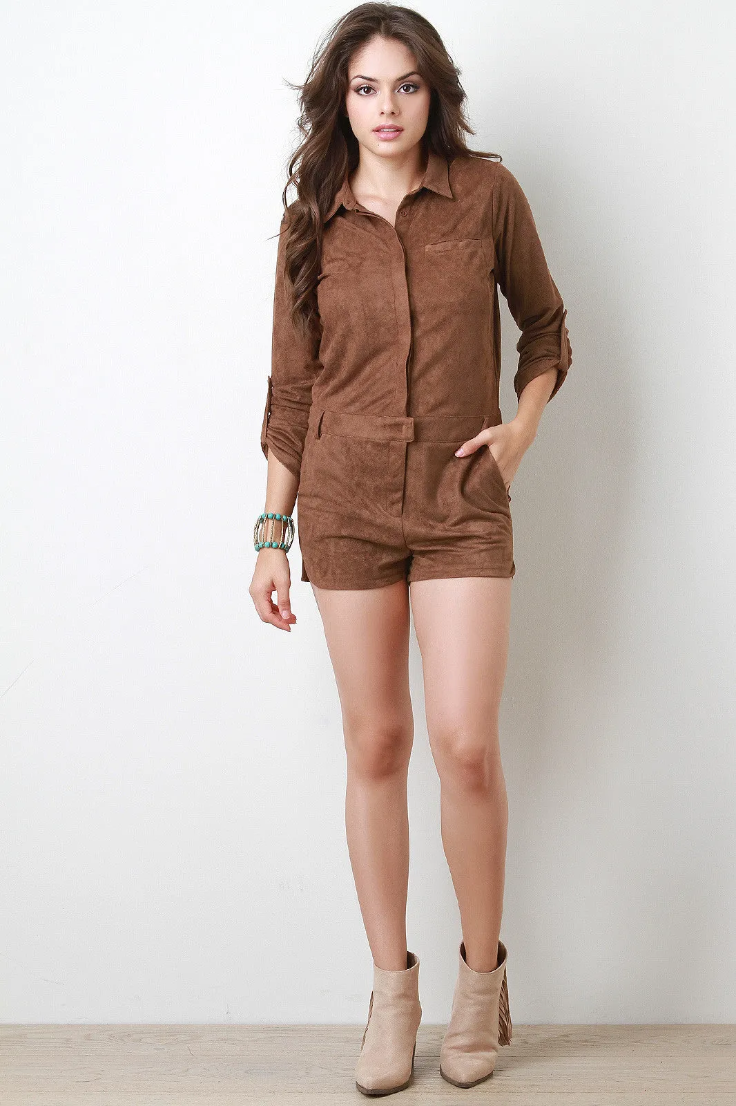 Button Up Faux Suede Romper