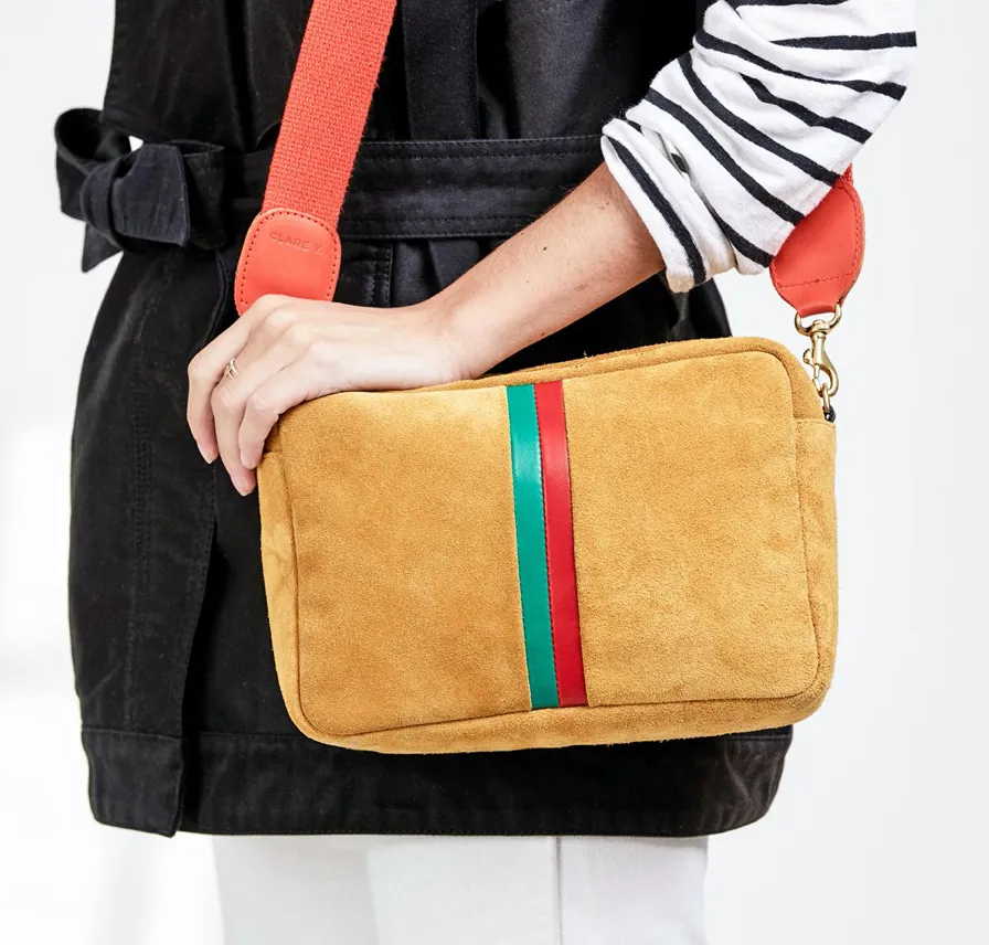 Camel Suede Stripe Crossbody