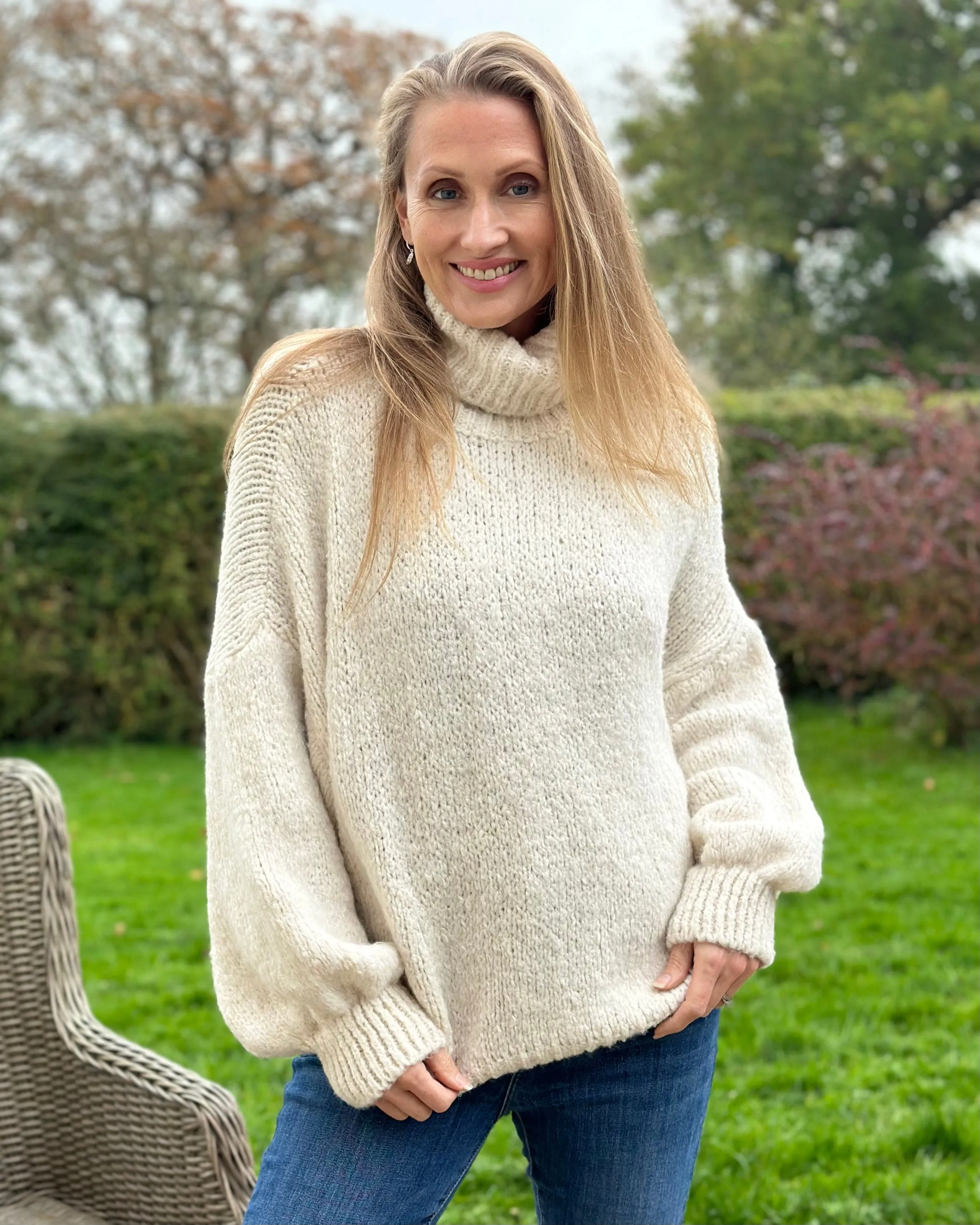 Chunky Knit Roll Neck Balloon Sleeve Jumper - Cream