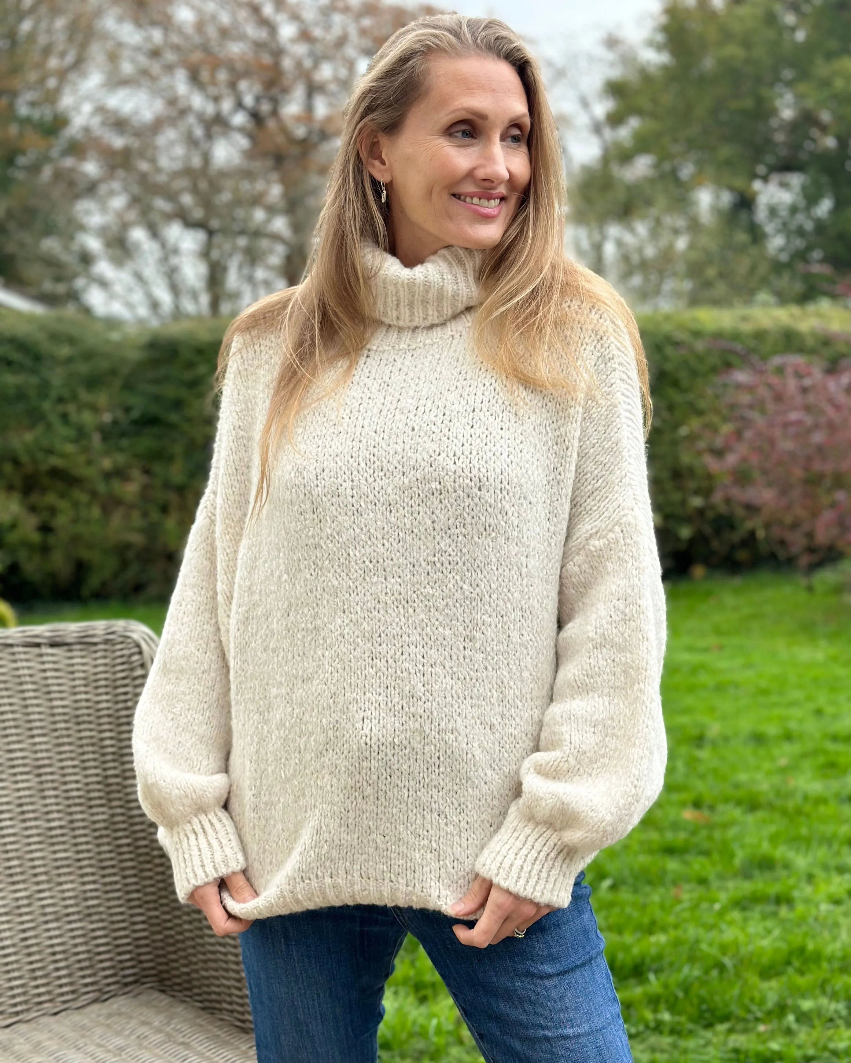 Chunky Knit Roll Neck Balloon Sleeve Jumper - Cream