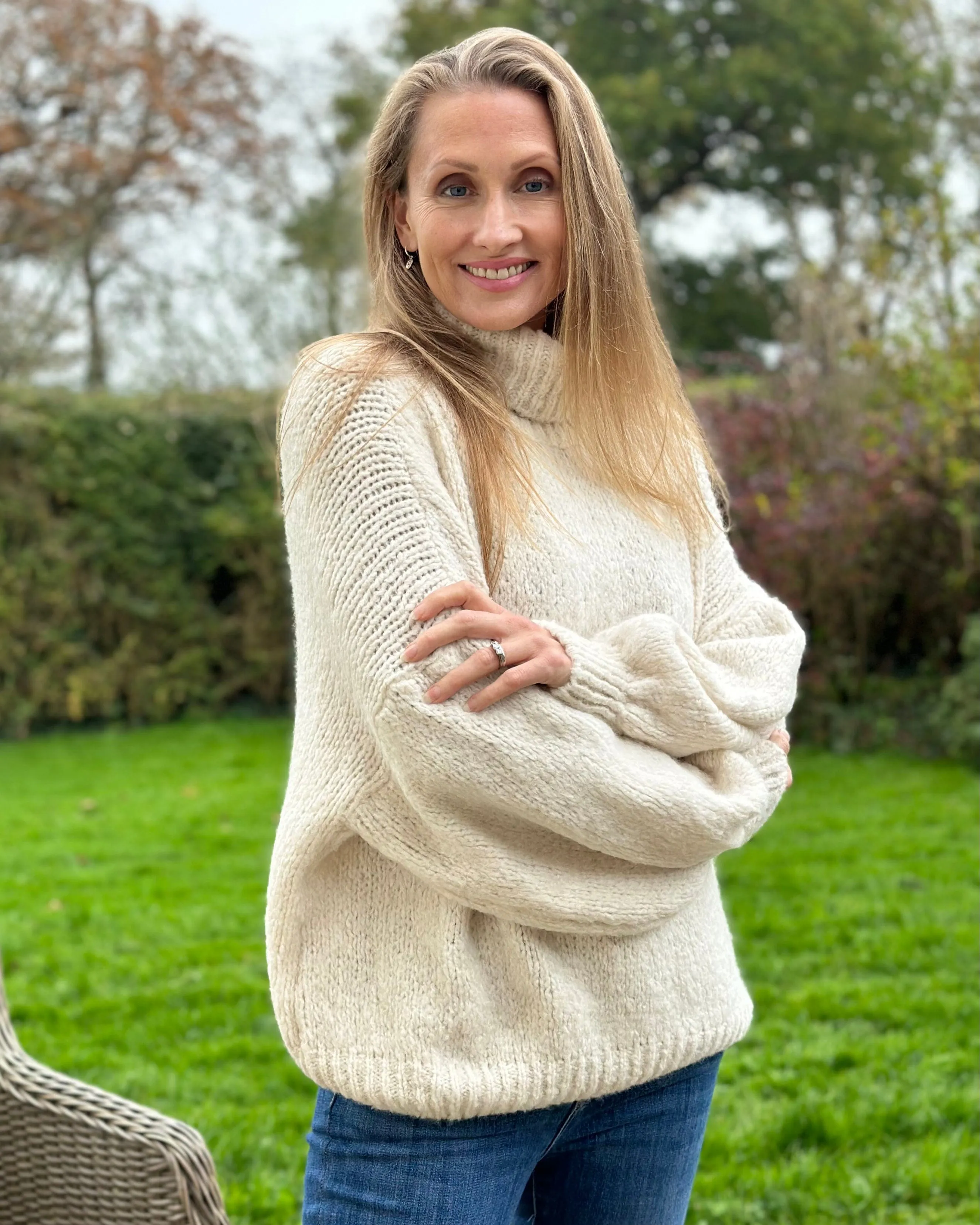 Chunky Knit Roll Neck Balloon Sleeve Jumper - Cream