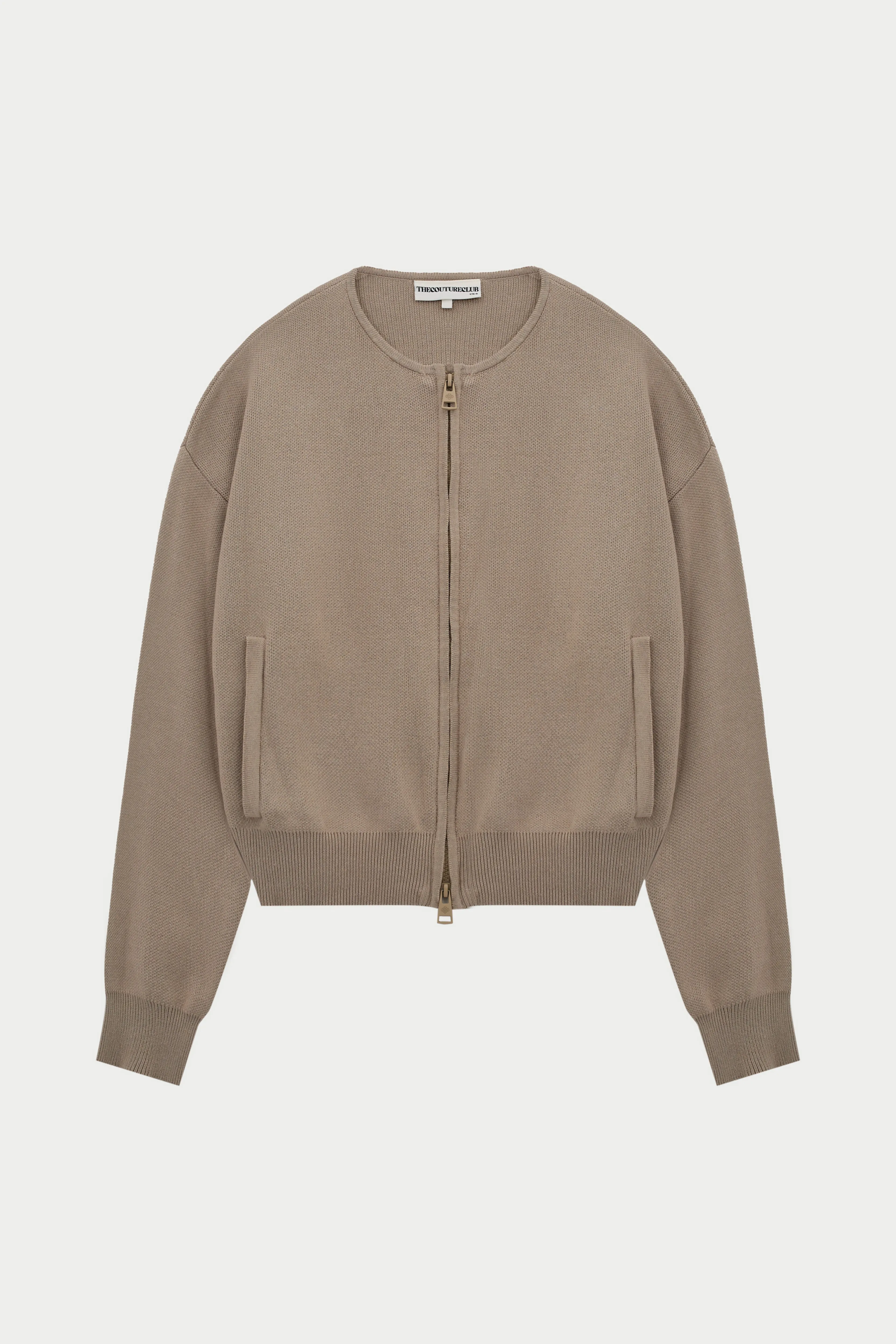 COLLARLESS KNITTED ZIP THROUGH BOMBER - BEIGE