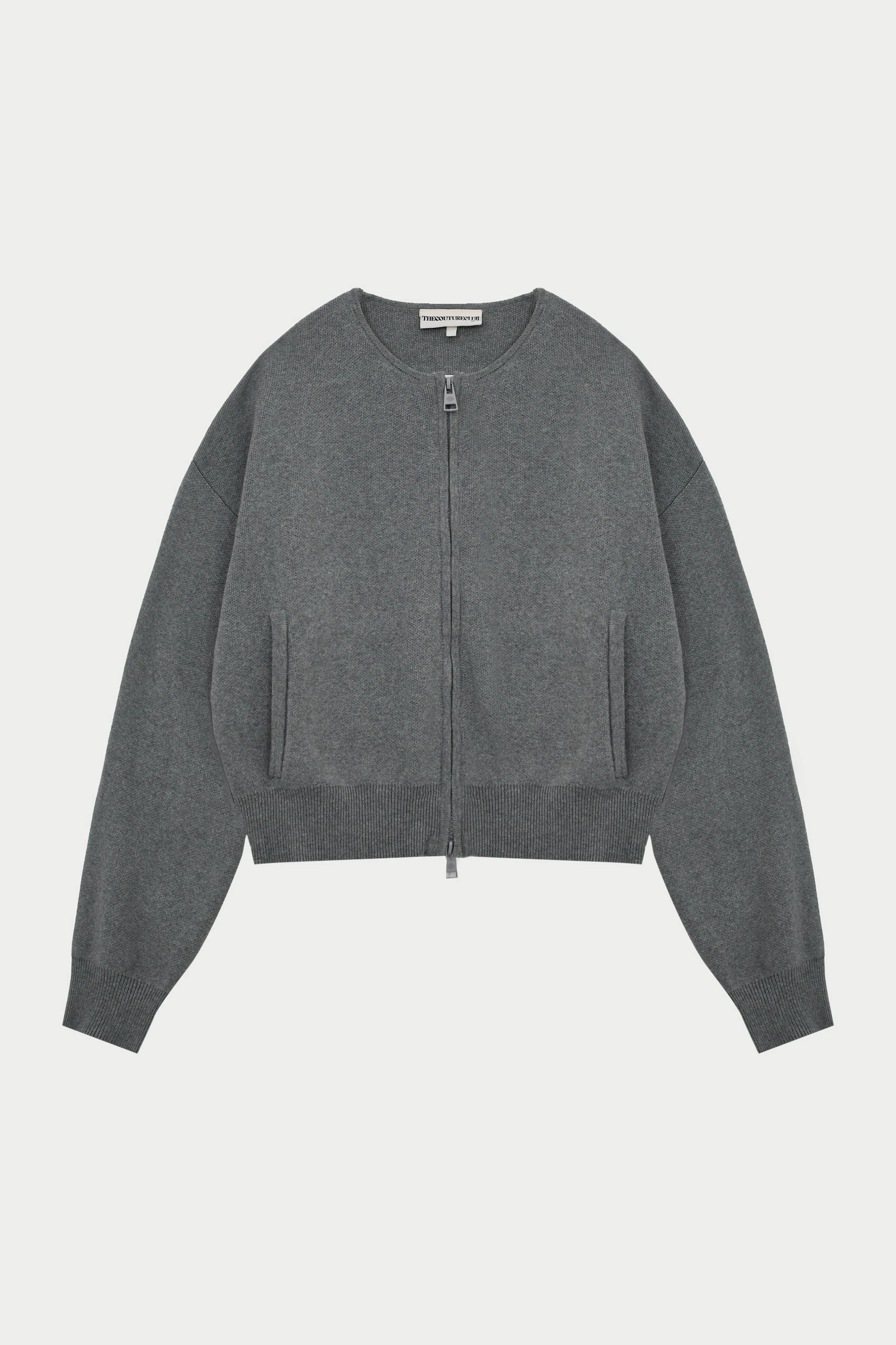 COLLARLESS KNITTED ZIP THROUGH BOMBER - GREY MARL