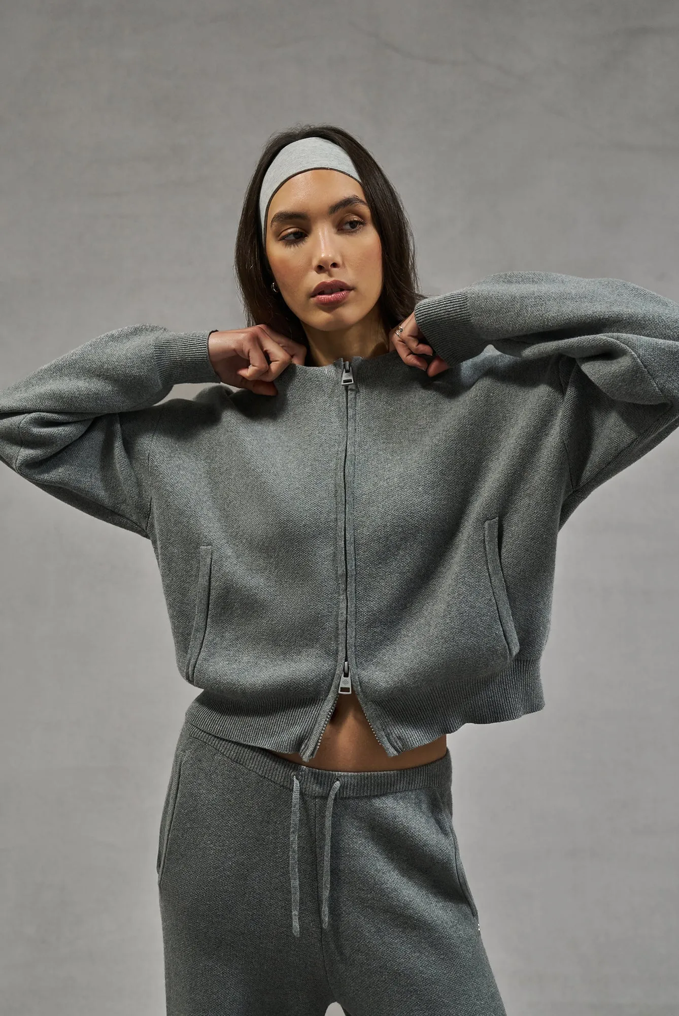 COLLARLESS KNITTED ZIP THROUGH BOMBER - GREY MARL