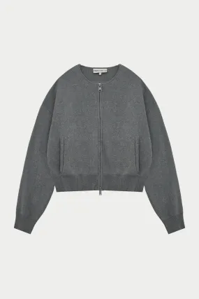 COLLARLESS KNITTED ZIP THROUGH BOMBER - GREY MARL