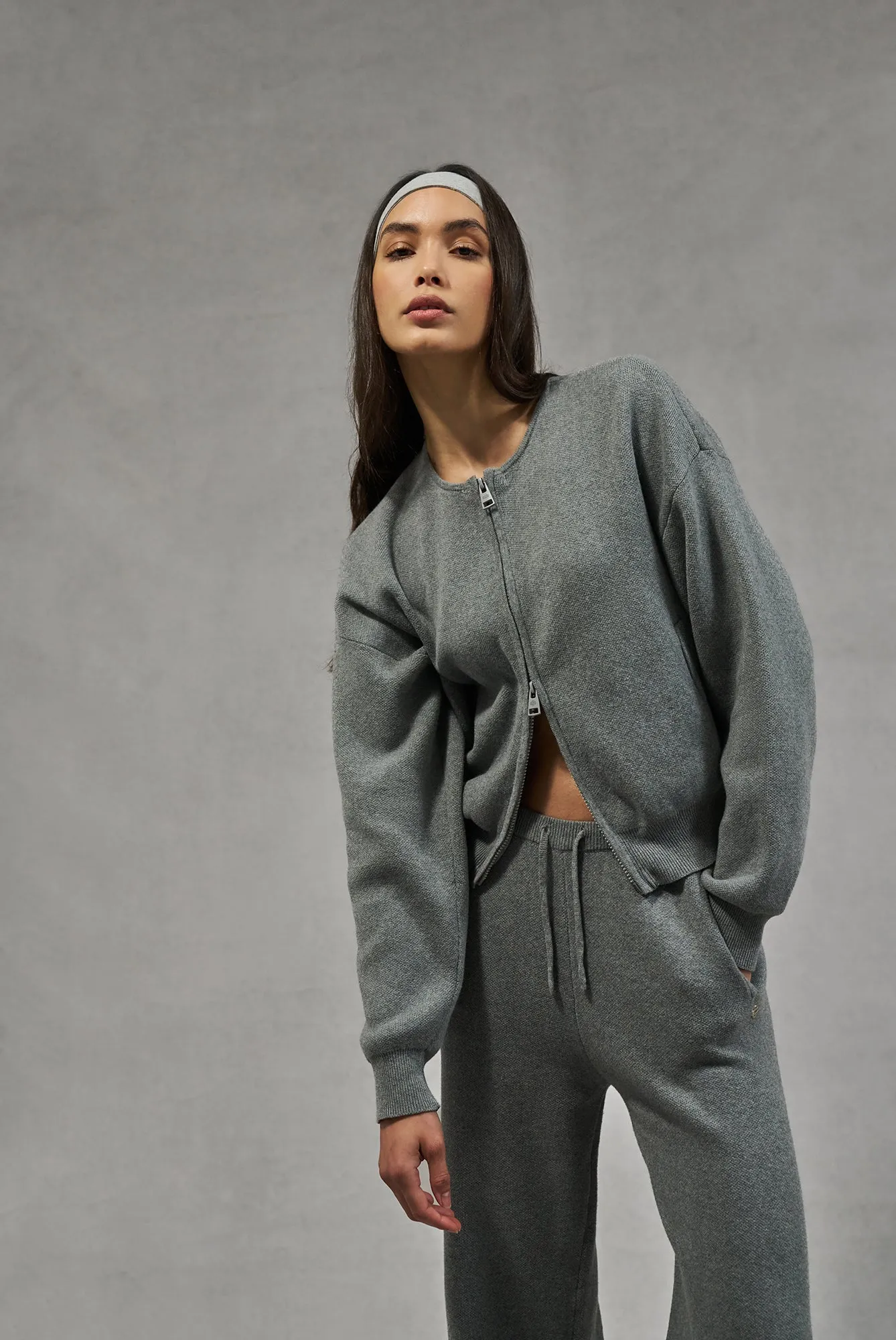 COLLARLESS KNITTED ZIP THROUGH BOMBER - GREY MARL