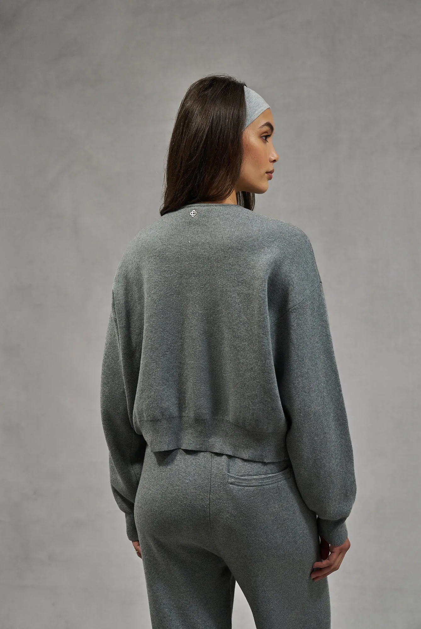 COLLARLESS KNITTED ZIP THROUGH BOMBER - GREY MARL