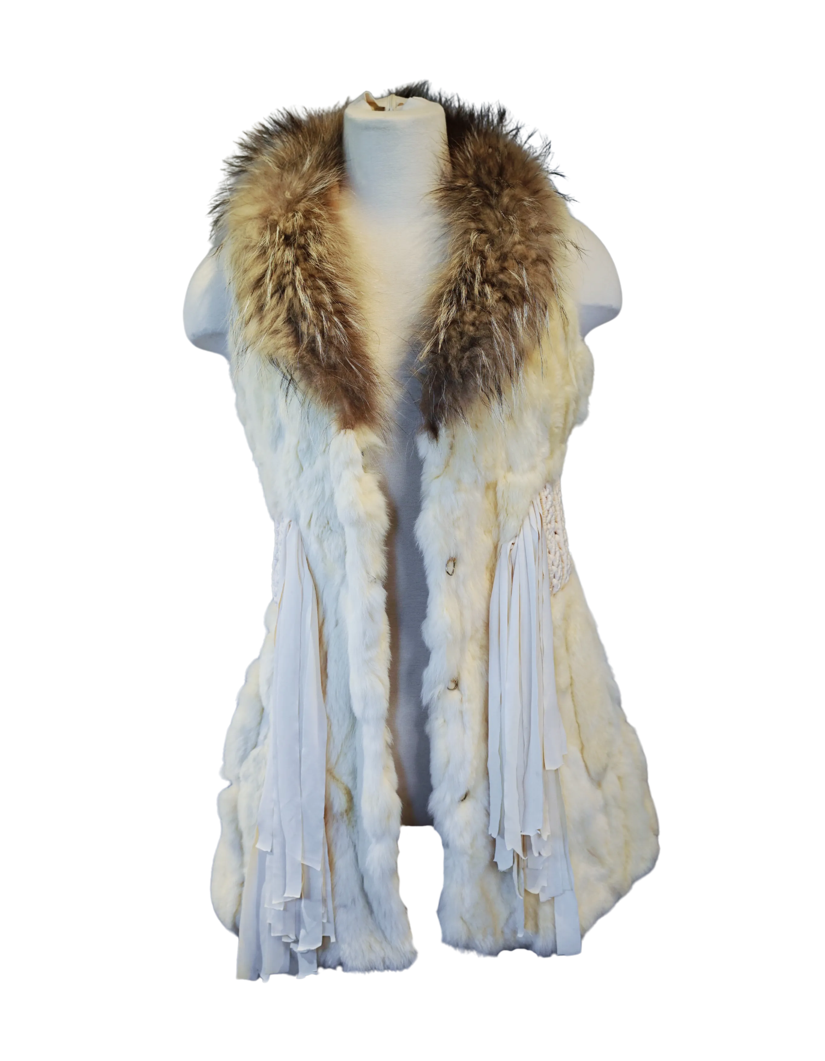 Cream Rabbit Fur Vest with Macramé Details