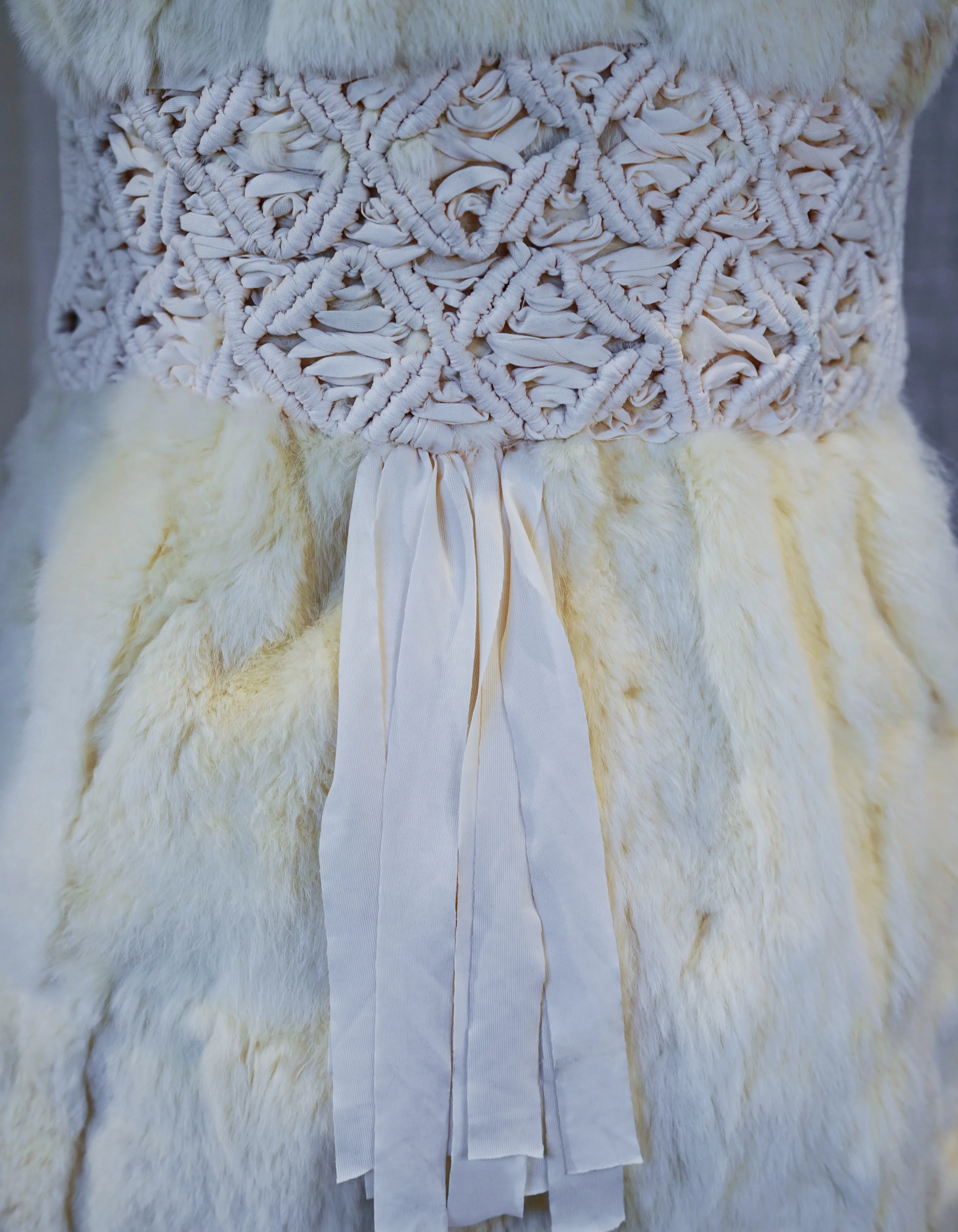 Cream Rabbit Fur Vest with Macramé Details