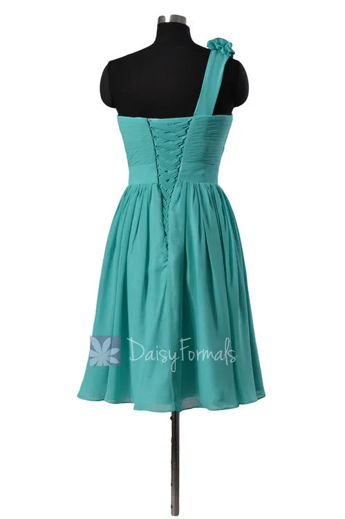 Cyan Knee Length Bridesmaid Dress Chiffon One Shoulder Homecoming Dress(BM102)