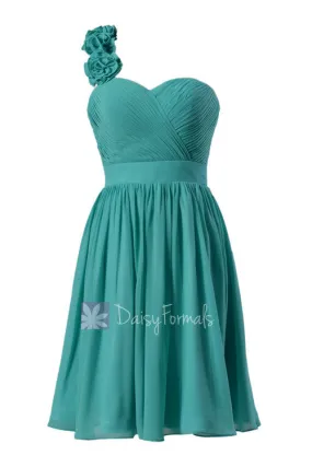 Cyan Knee Length Bridesmaid Dress Chiffon One Shoulder Homecoming Dress(BM102)